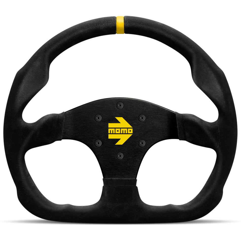 MOMO Tuning & Safety Steering Wheel - MOD. 30 - 320 Mm Diameter - D - Shaped - 39 Mm Dish - 3 - Spoke - Black Suede Grip - Yellow Stripe - Al R196032S