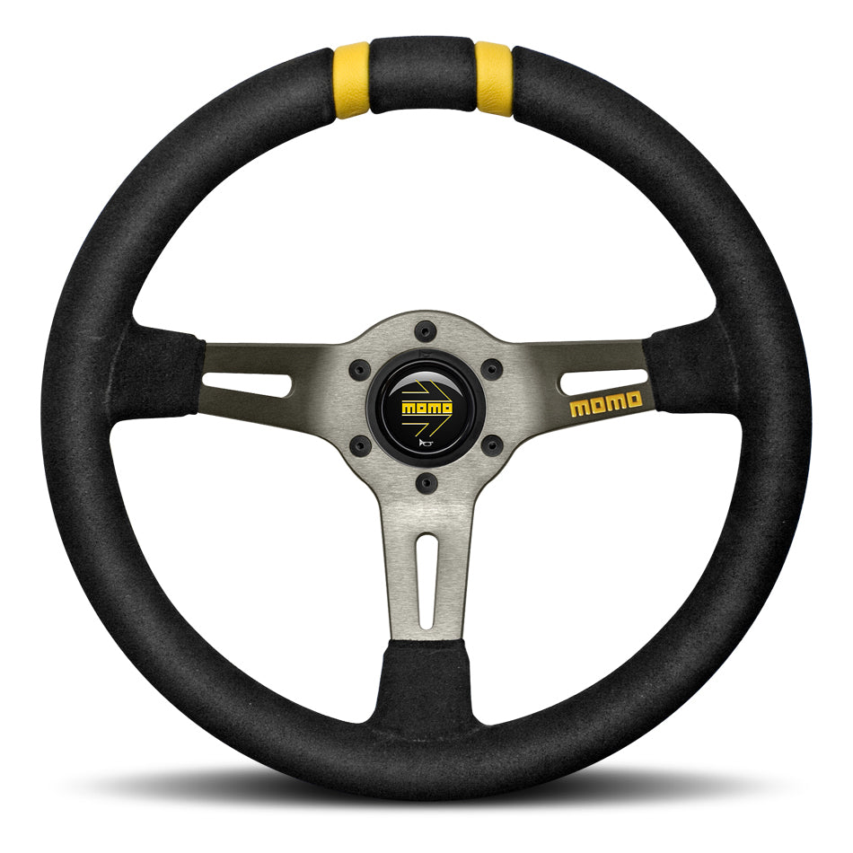MOMO Tuning & Safety Steering Wheel - MOD. Drift - 330 Mm Diameter - 88 Mm Dish - 3 - Spoke - Black Suede Grip - Two Yellow Stripes - Aluminu R190733S