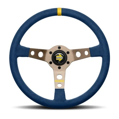 MOMO Tuning & Safety Steering Wheel - MOD. 07 Microfiber - 350 Mm Diameter - 72 Mm Dish - 3 - Spoke - Blue Microfiber Grip - Yellow Stripe R190535MBL