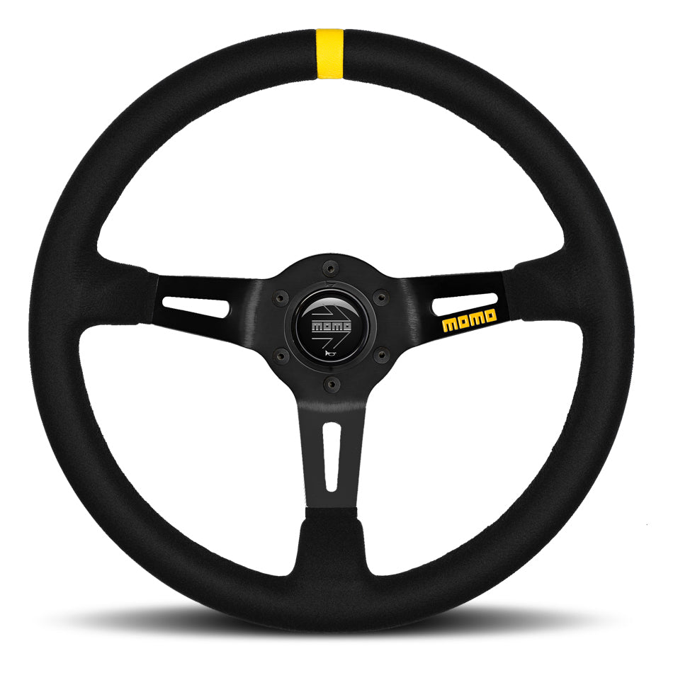 MOMO Tuning & Safety Steering Wheel - MOD. 08 - 350 Mm Diameter - 88 Mm Dish - 3 - Spoke - Black Suede Grip - Yellow Stripe - Aluminum - Blac R190835S