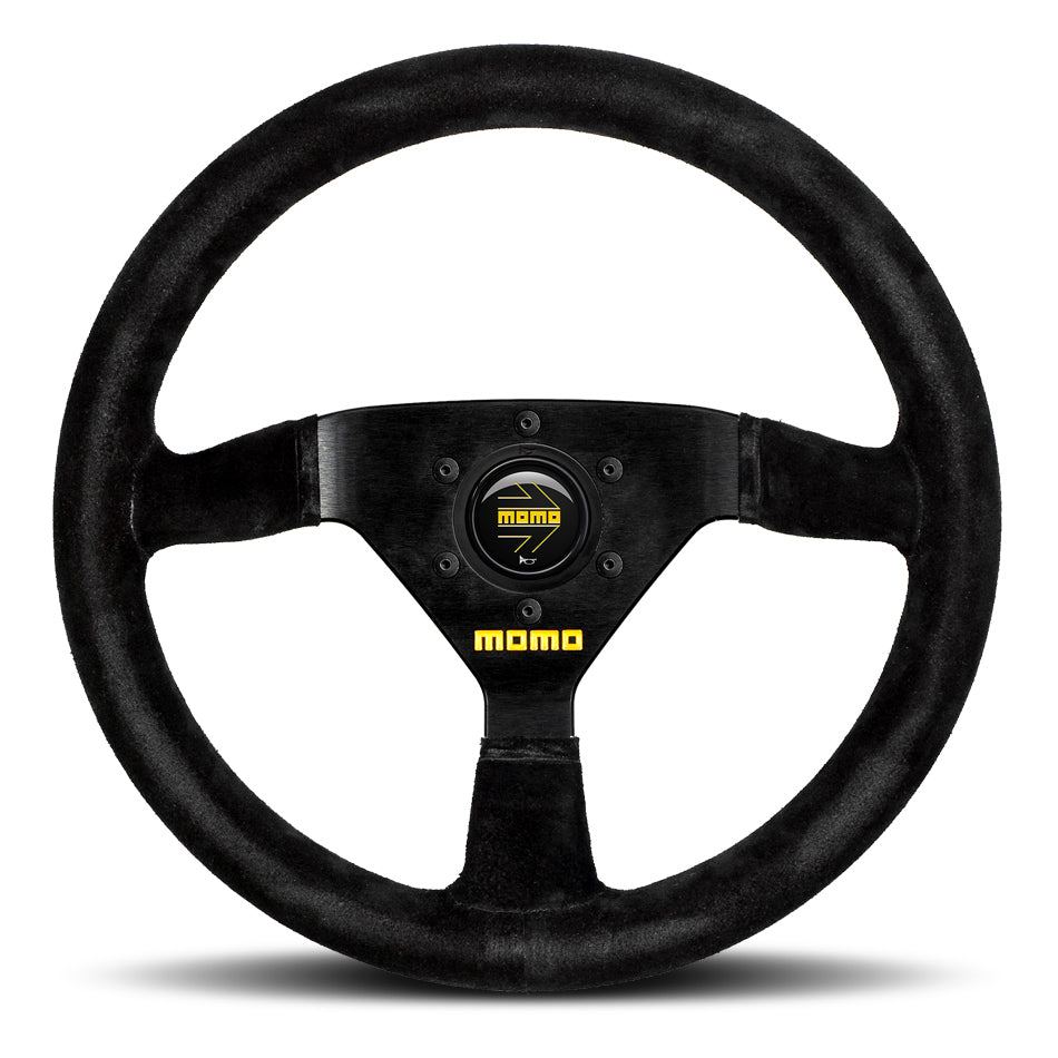 MOMO Tuning & Safety Steering Wheel - MOD. 69 - 350 Mm Diameter - 39 Mm Dish - 3 - Spoke - Black Suede Finger Notch Grip - Aluminum - Black A R191335S