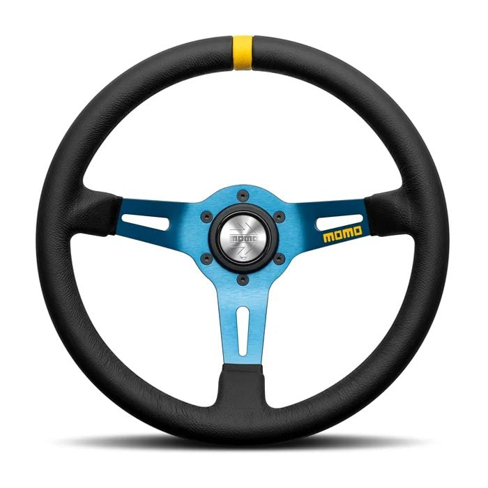 MOMO Tuning & Safety Steering Wheel - MOD. 08 330 - 330 Mm Diameter - 85 Mm Dish - 3 - Spoke - Black Leather Grip - Yellow Stripe - Aluminu R1908BL33L