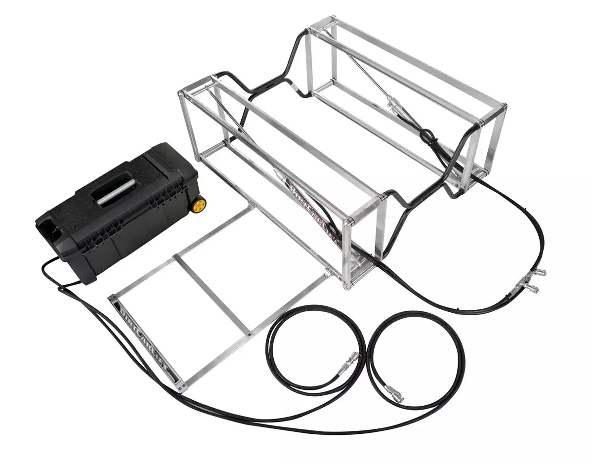Dirtcarlift.com Race Car Lift - Xo-Series - 4000 Lb Capacity - 20 in Lift Rear - 18 in Lift Front - Riser / Pump / Hoses Included - Aluminum - Black Powder Coat - Each - DCLXO2002-BK