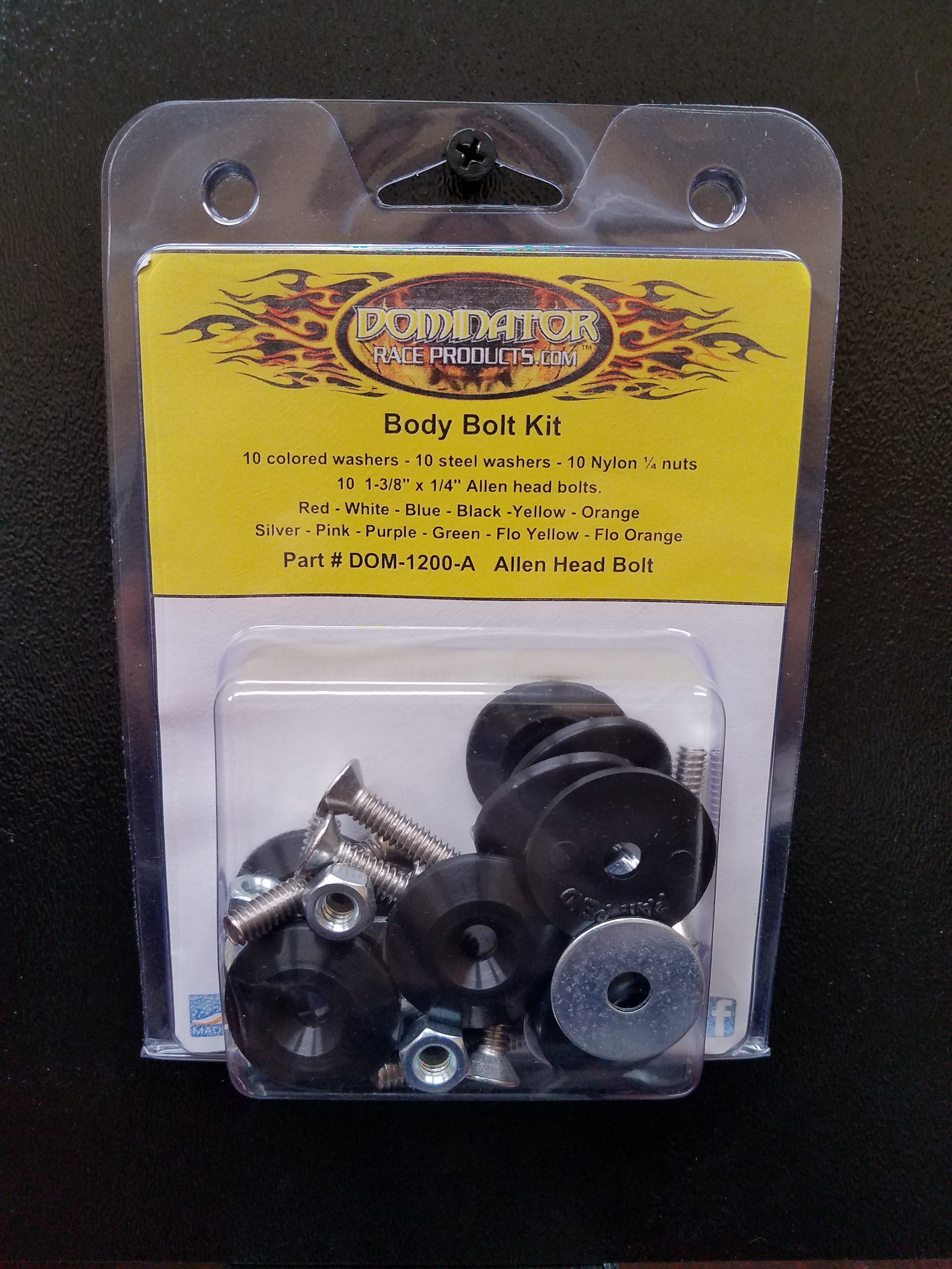 Dominator Race Body Countersunk Bolt Kit - 1/4-20 in Thread - 1.75 in Long - Allen Head - Countersunk Washers / Nuts - Plastic / Steel - Black - Set Of 10 - DOM-1200-A-BK