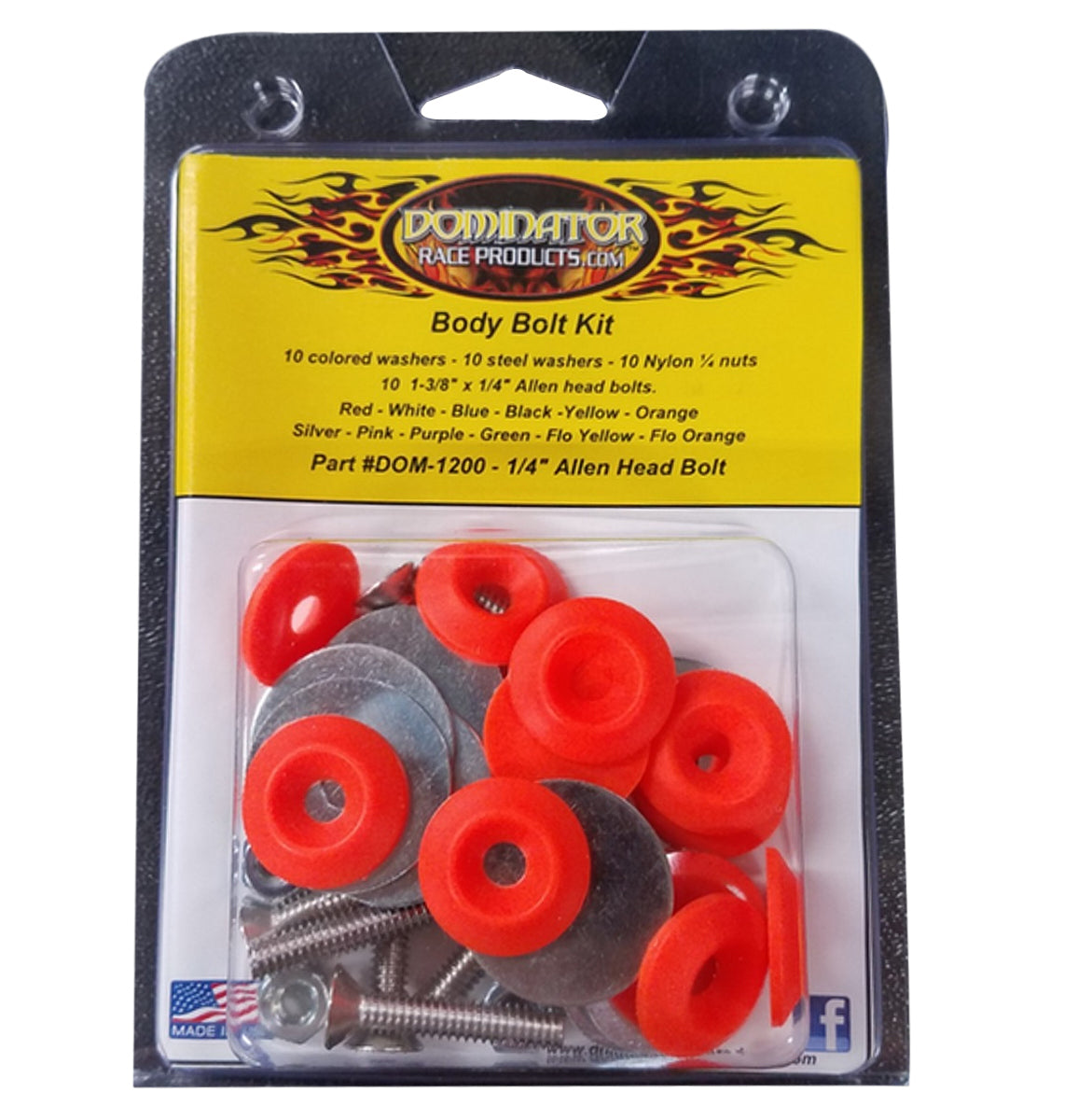 Dominator Race Body Countersunk Bolt Kit - 1/4-20 in Thread - 1.75 in Long - Allen Head - Countersunk Washers / Nuts - Plastic / Steel - Fluorescent Orange - Set Of 10 - DOM-1200-A-FLO-OR