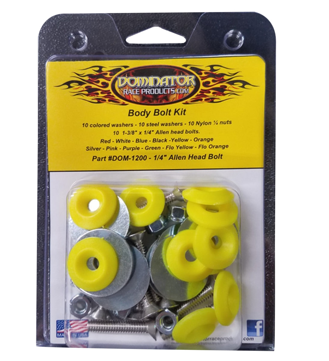 Dominator Race Body Countersunk Bolt Kit - 1/4-20 in Thread - 1.75 in Long - Allen Head - Countersunk Washers / Nuts - Plastic / Steel - Fluorescent Yellow - Set Of 10 - 1200-A-FLO-YE