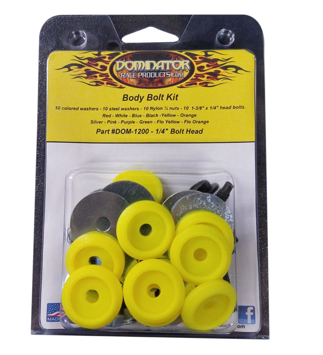 Dominator Race Body Countersunk Bolt Kit - 1/4-20 in Thread - 1.375 in Long - Hex Head - Countersunk Washers / Nuts - Plastic / Steel - Fluorescent Yellow - Set Of 10 - 1200-B-FLO-YE