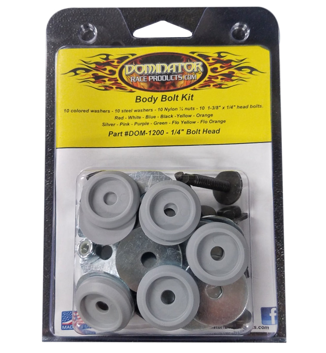 Dominator Race Body Countersunk Bolt Kit - 1/4-20 in Thread - 1.375 in Long - Hex Head - Countersunk Washers / Nuts - Plastic / Steel - Gray - Set Of 10 - DOM-1200-B-GRY