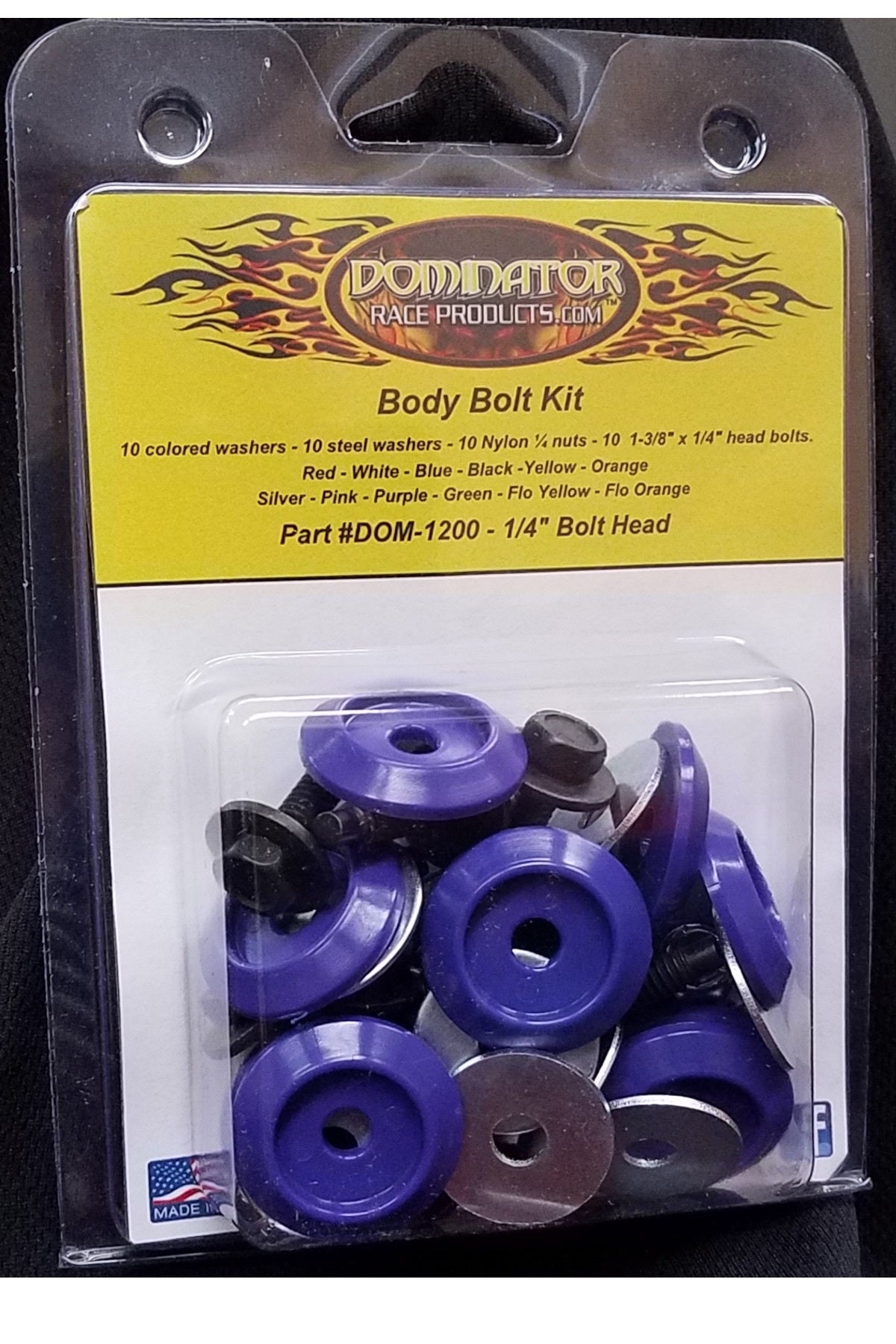 Dominator Race Body Countersunk Bolt Kit - 1/4-20 in Thread - 1.375 in Long - Hex Head - Countersunk Washers / Nuts - Plastic / Steel - Purple - Set Of 10 - DOM-1200-B-PU