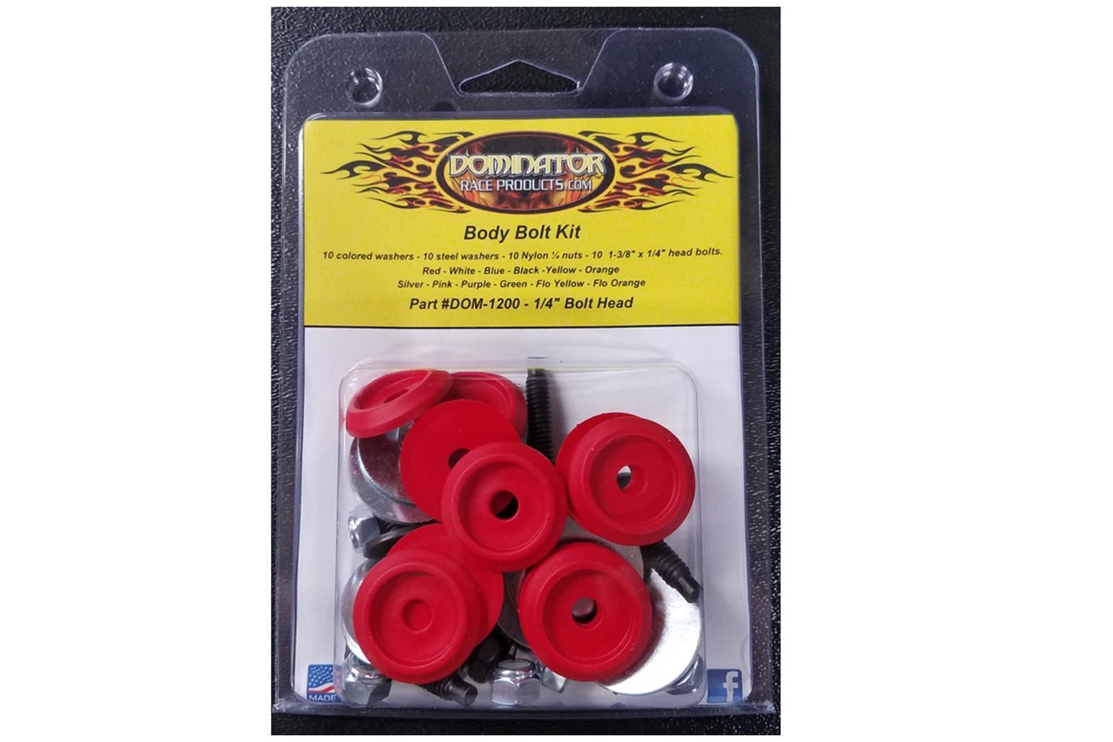 Dominator Race Body Countersunk Bolt Kit - 1/4-20 in Thread - 1.375 in Long - Hex Head - Countersunk Washers / Nuts - Plastic / Steel - Red - Set Of 10 - DOM-1200-B-RD