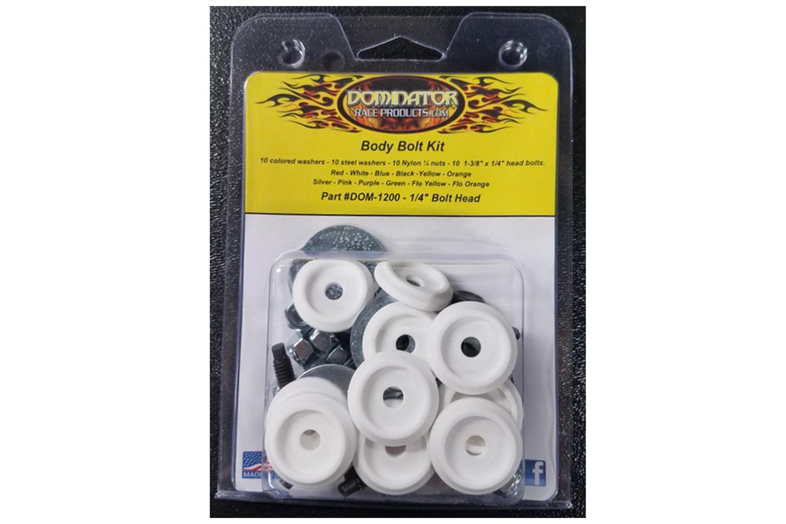 Dominator Race Body Countersunk Bolt Kit - 1/4-20 in Thread - 1.375 in Long - Hex Head - Countersunk Washers / Nuts - Plastic / Steel - White - Set Of 10 - DOM-1200-B-WH