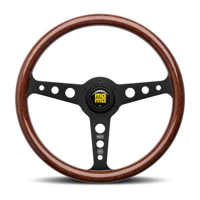 MOMO Tuning & Safety Steering Wheel - Indy Black - 350 Mm Diameter - 37 Mm Dish - 3 - Spoke - Mahogany - Wood Grip - Aluminum - Black Anodiz IND35MA0B