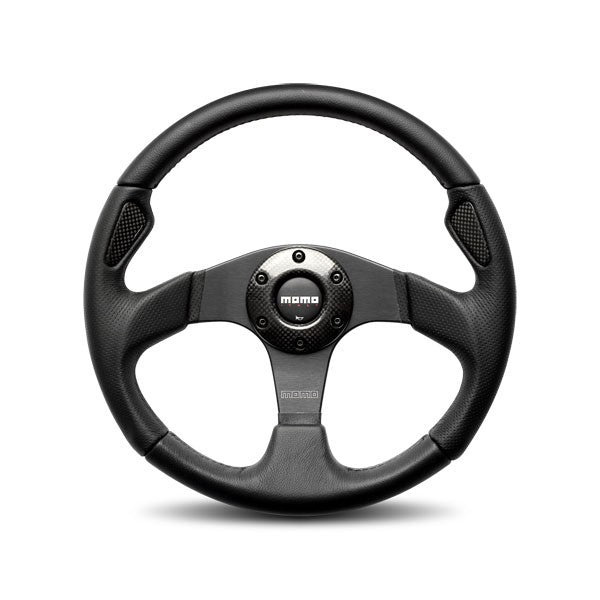 MOMO Tuning & Safety Steering Wheel - Jet - 350 Mm Diameter - 46 Mm Dish - 3 - Spoke - Black Leather Grip - Aluminum - Black Anodized - each JET35BK0B