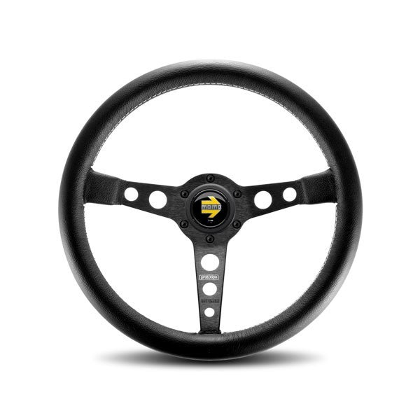 MOMO Tuning & Safety Steering Wheel - Prototipo - 350 Mm Diameter - 39 Mm Dish - 3 - Spoke - Black Leather Grip - Aluminum - Black Anodized PRO35BK2B