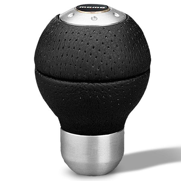 MOMO Tuning & Safety Shifter Knob - Race Airleather - set Screw Attachment - Aluminum - Black Leather / Machined - Universal - each RACAIR