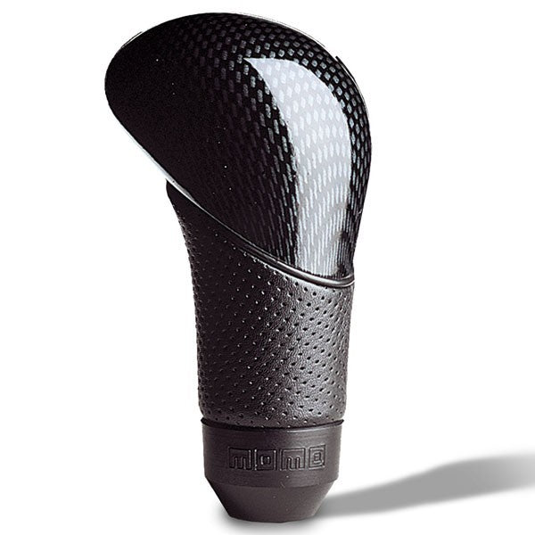 MOMO Tuning & Safety Shifter Knob - Shadow - set Screw Attachment - Aluminum - Black Leather / Carbon Fiber Look Insert - Universal - each SUBKCA