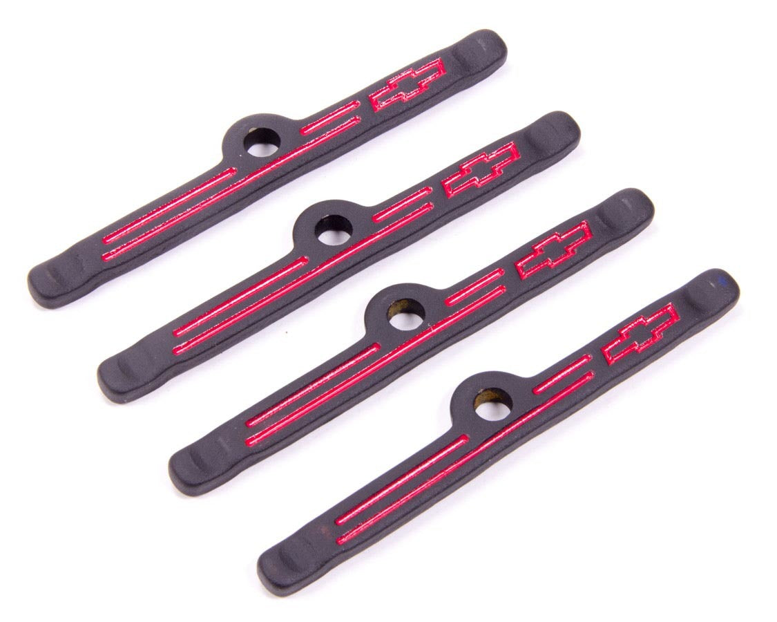 PROFORM 141-757 Valve Cover Hold-Down Tabs with Chevy Bowtie Logo, Black Crinkle Steel, Set of 4