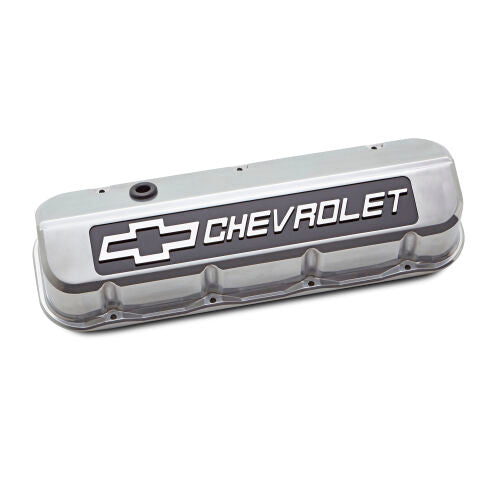 PROFORM 141-878 Slant-Edge Tall Baffled Valve Covers for Big Block Chevy, Polished Aluminum, Black Chevrolet Logo, Pair