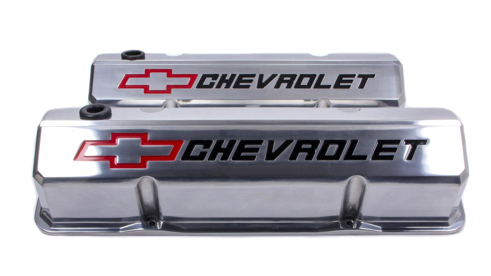 PROFORM 141-927 Slant-Edge Tall Baffled Valve Covers with Recessed Chevrolet Bowtie Logo, Polished Aluminum, Small Block Chevy Pair