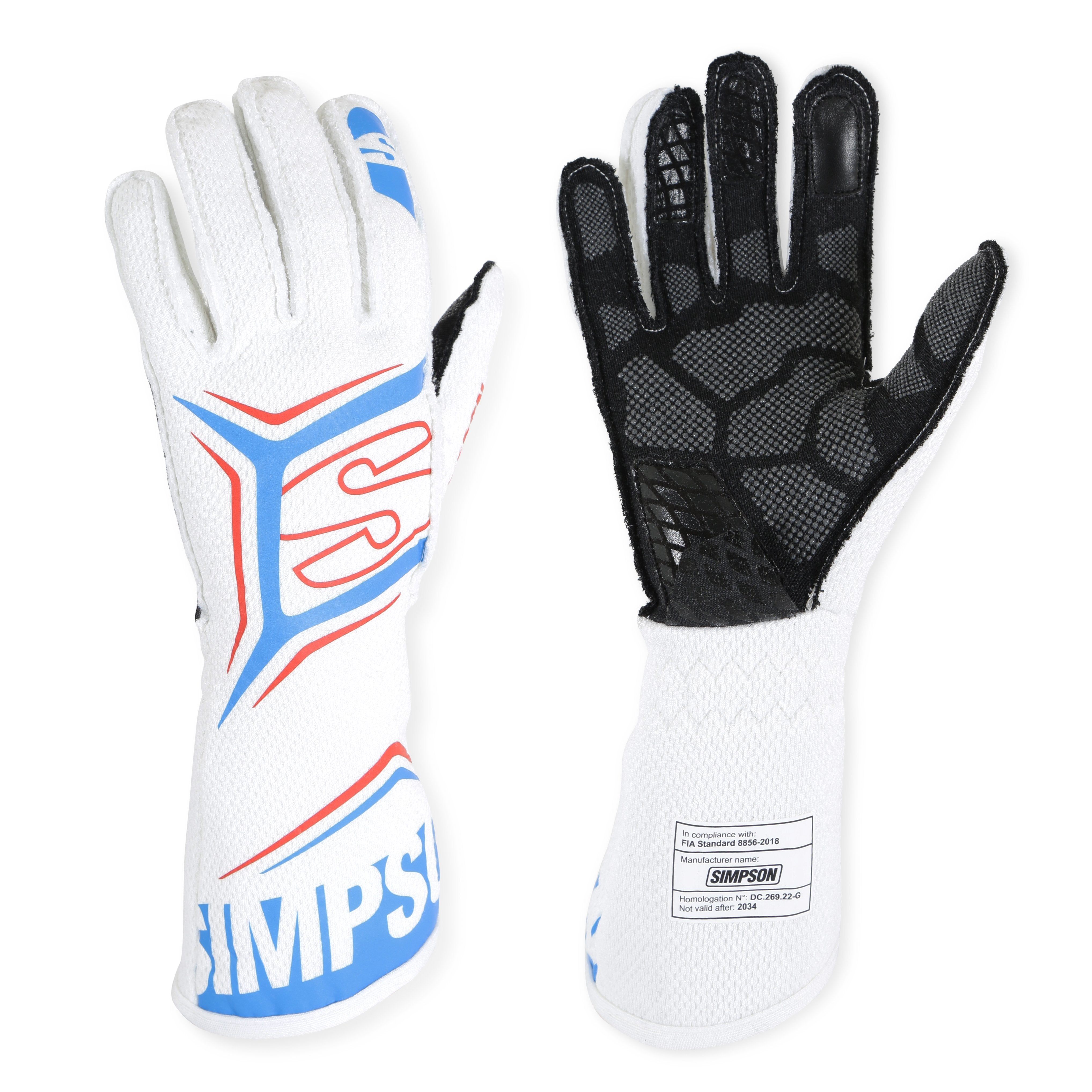 Simpson Safety Magnata Driving Gloves MGXW, X-Large White and Blue, SFI 3.5/5 and FIA Approved