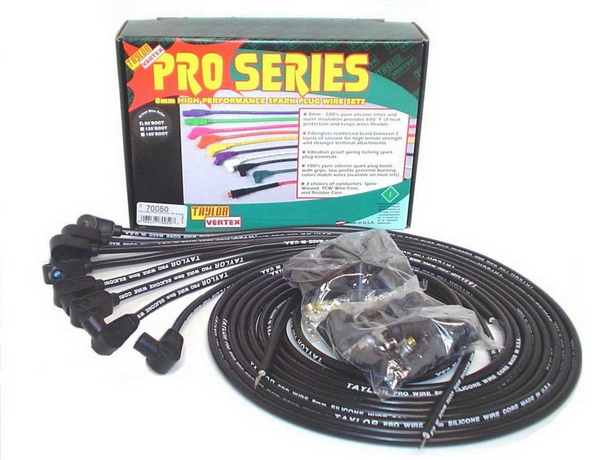 Taylor/VERTEX 70050 Pro Wire 8 mm Solid Core Spark Plug Wire Set, Black, 90-Degree Boots