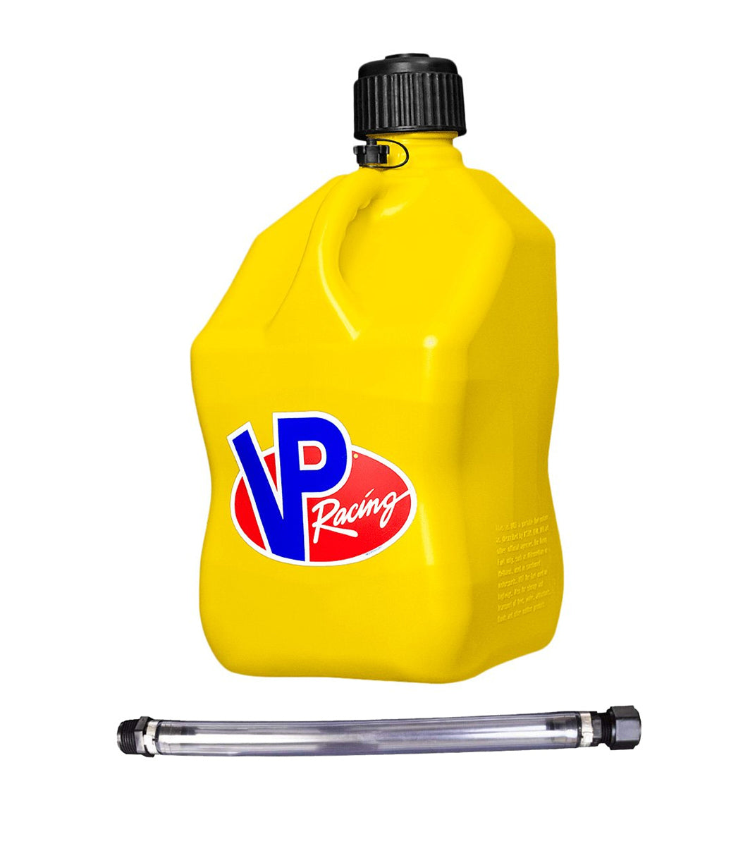 VP Racing 3556-CA Motorsports Utility Jug, 5.5 Gallon Square Yellow Fuel Jug with Filler Hose