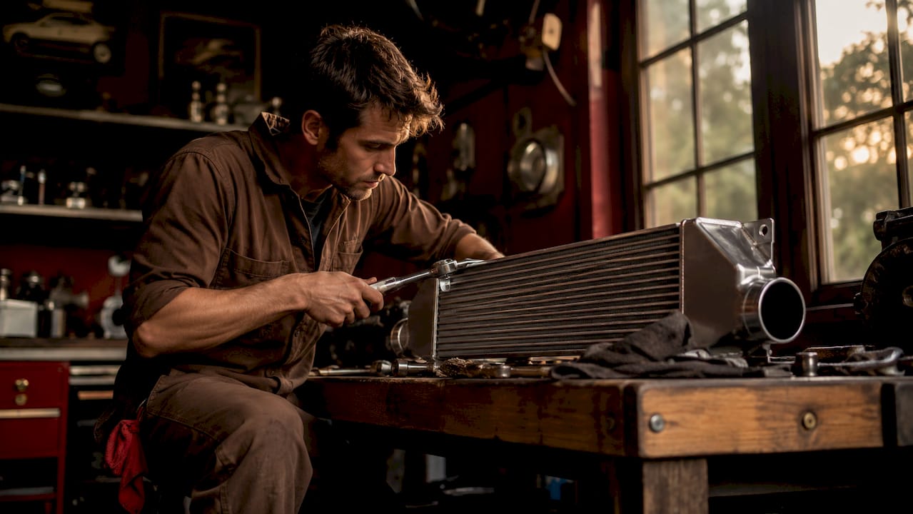 Technician inspecting aftermarket intercooler in workshop