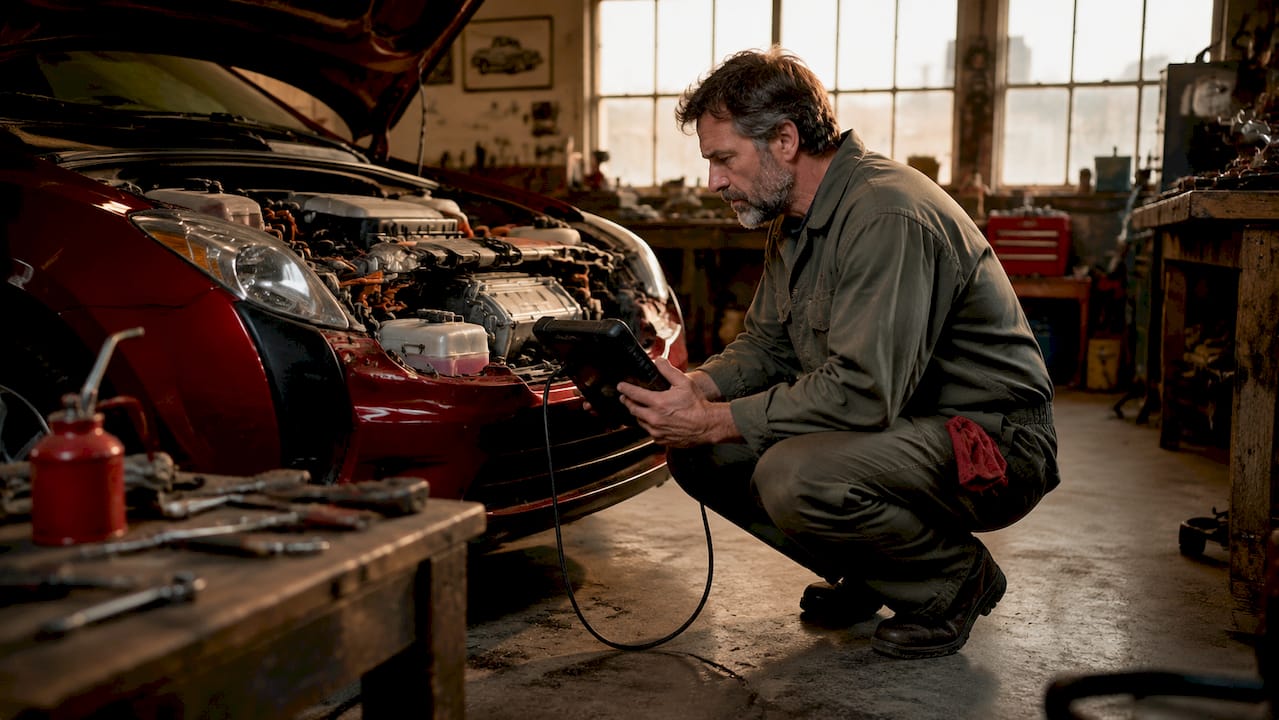 Technician diagnosing hybrid car engine