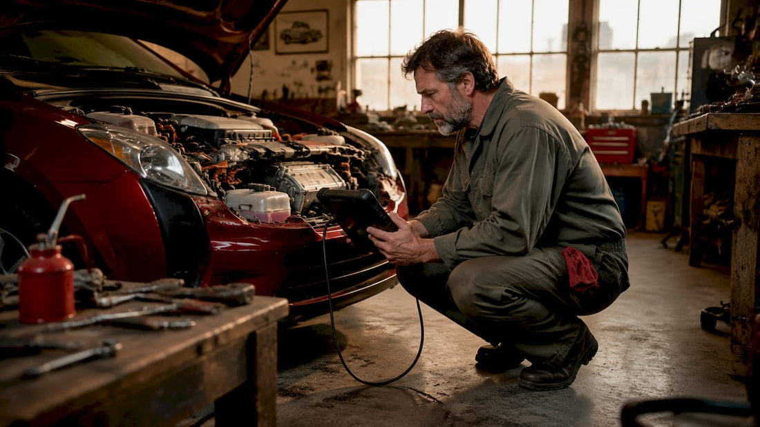 Technician diagnosing hybrid car engine