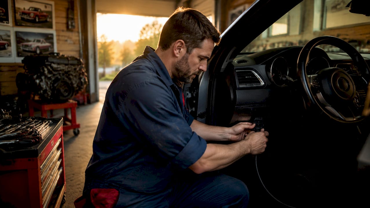 Technician connecting tuning device to car ECU