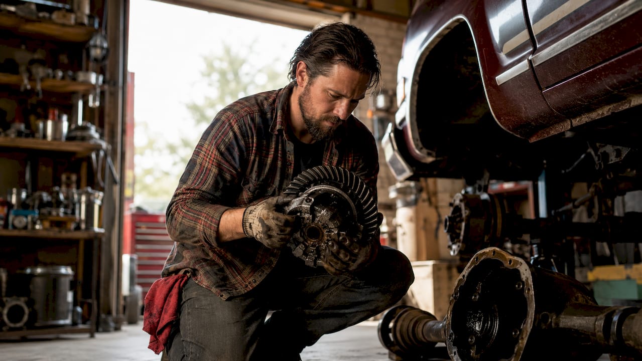 Mechanic inspecting differential gear in garage