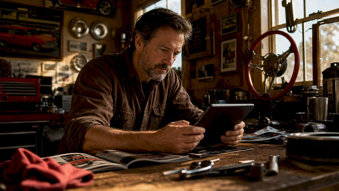 Man browsing aftermarket automotive parts on tablet