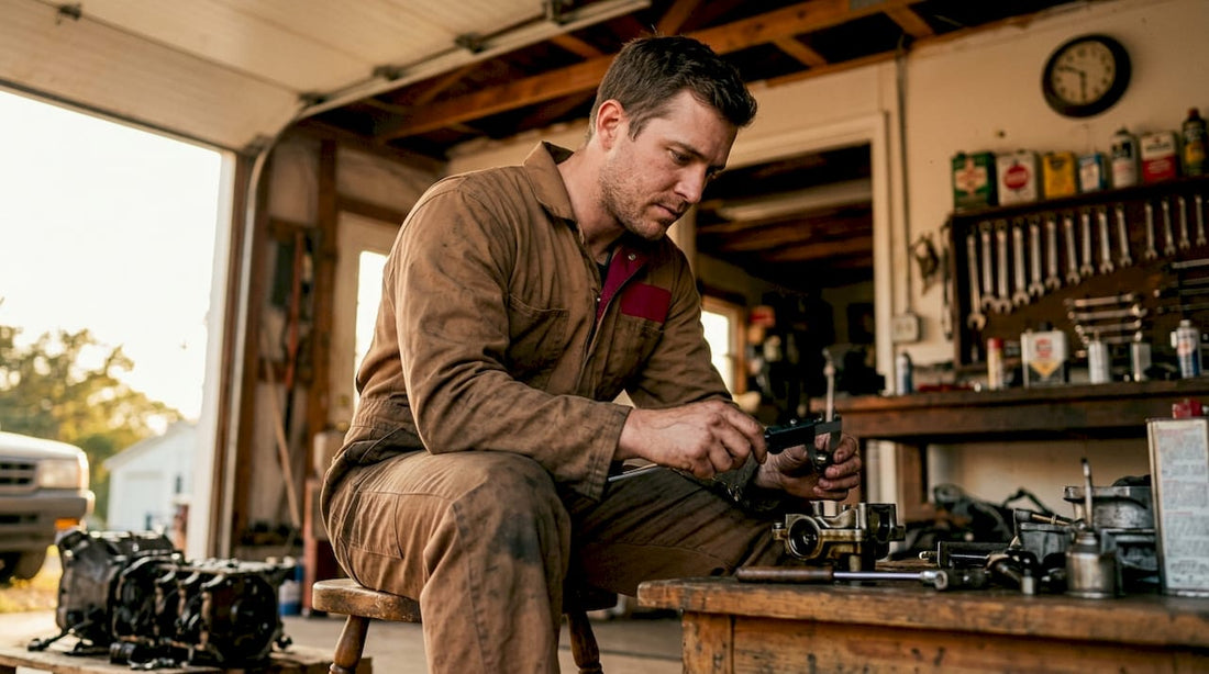 Technician examining car engine piston in workshop