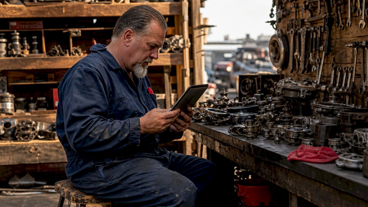 Mechanic browsing automotive parts catalog on tablet