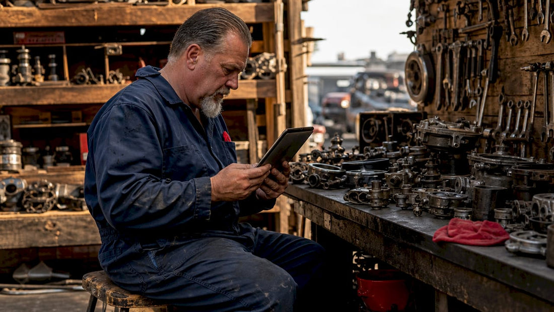 Mechanic browsing automotive parts catalog on tablet