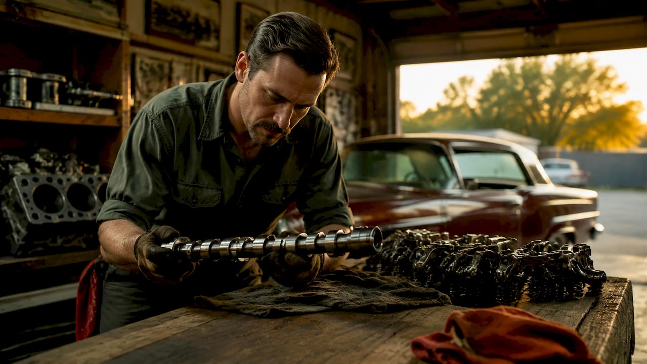 Technician examining performance camshaft in workshop
