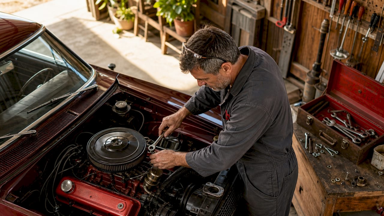 Mechanic performing maintenance on high-mileage car
