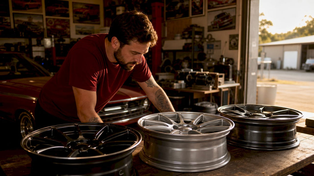 Man inspecting different aftermarket wheels in garage