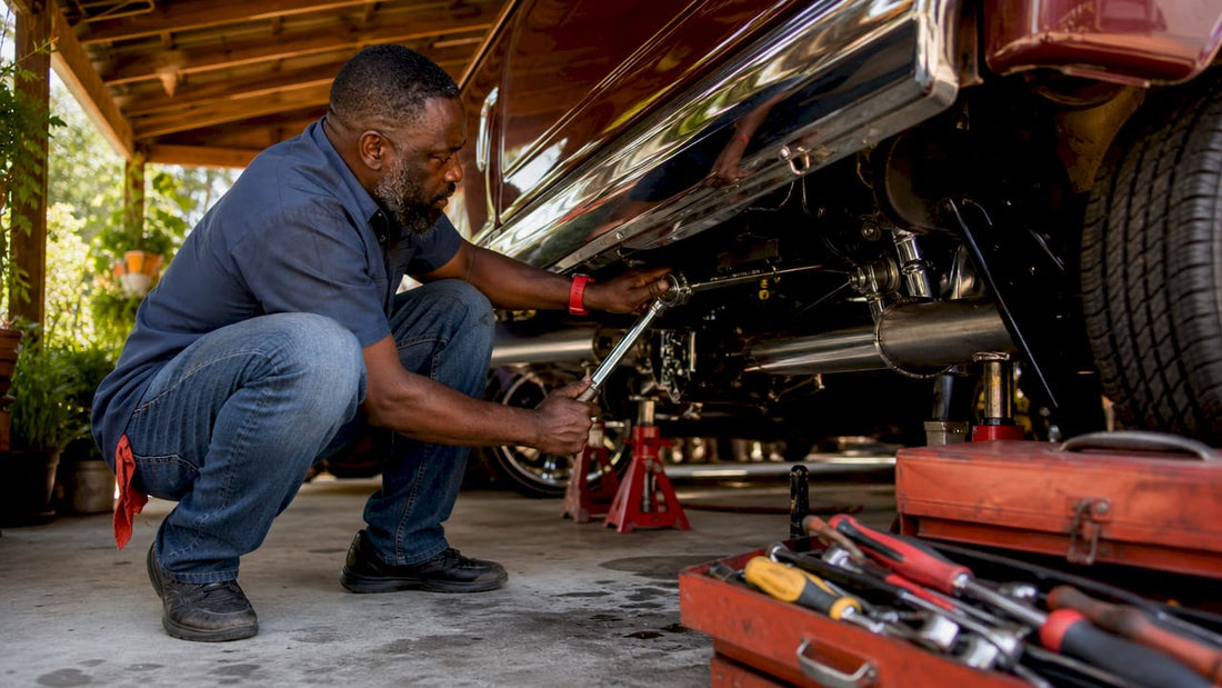 Man installing car part in home garage