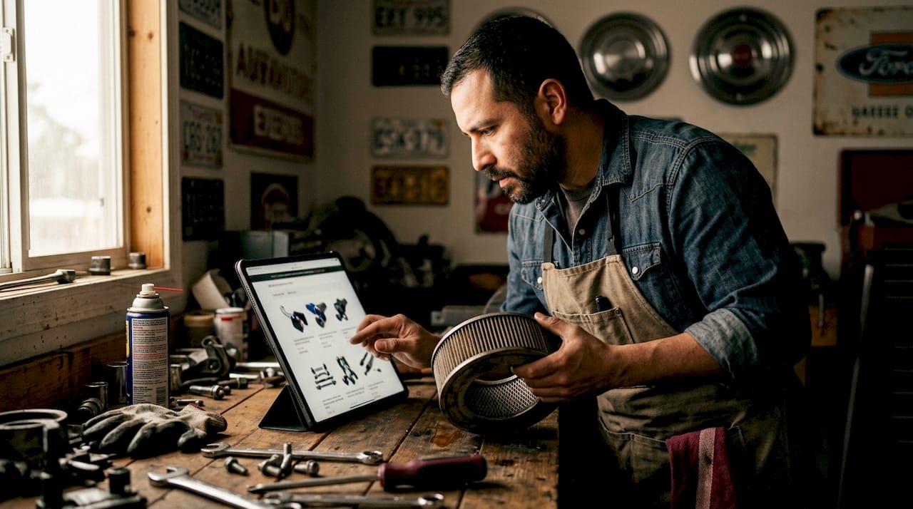 Car enthusiast researching performance parts online