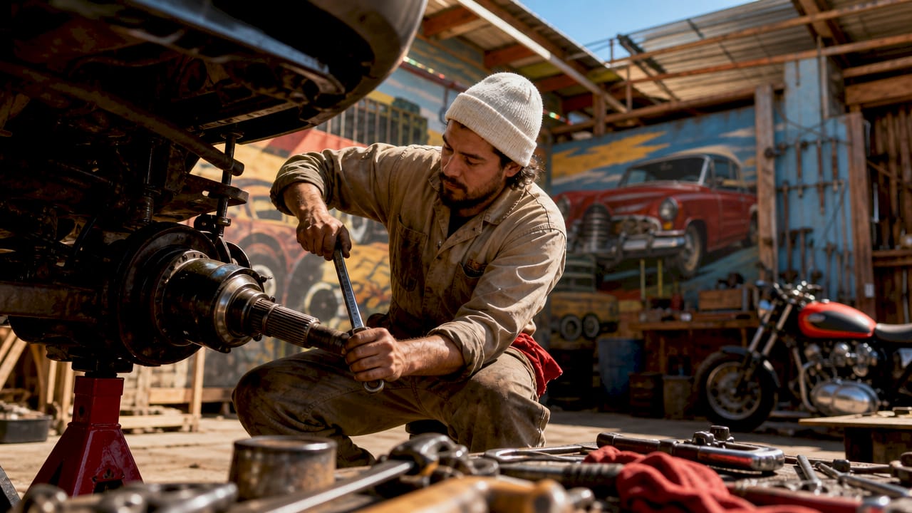 Mechanic upgrading an axle shaft in garage