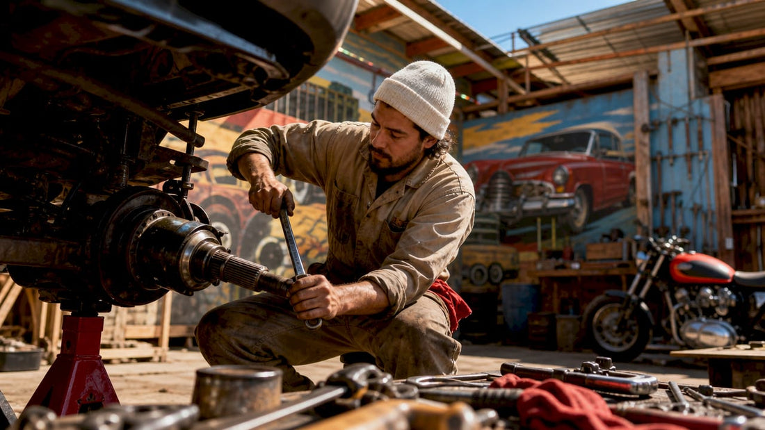 Mechanic upgrading an axle shaft in garage