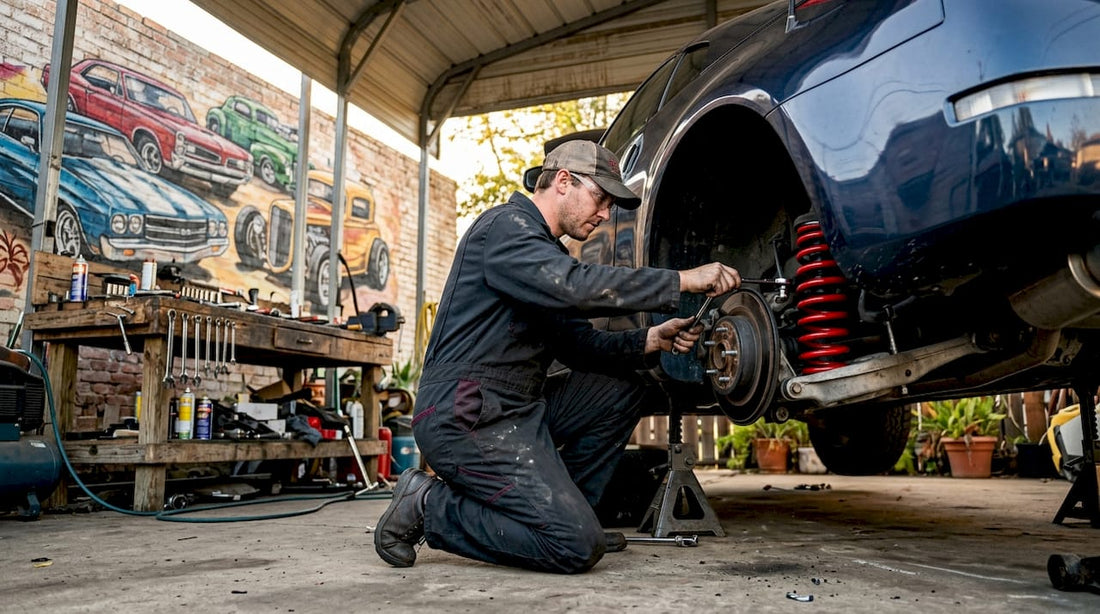 Mechanic installing performance springs on sports car