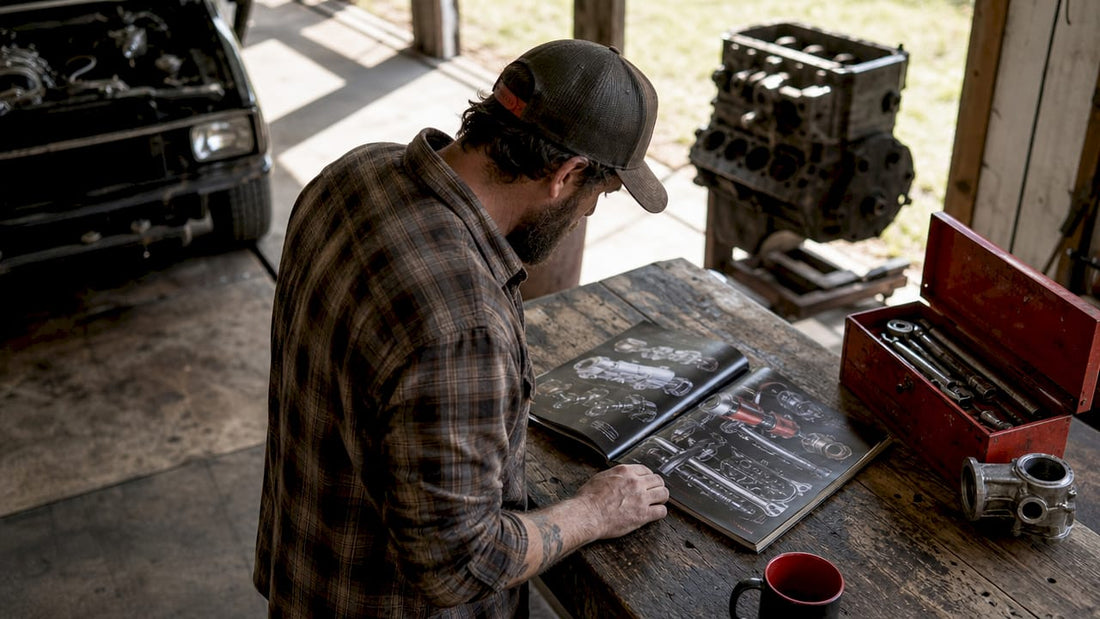 Man browsing aftermarket car parts in garage