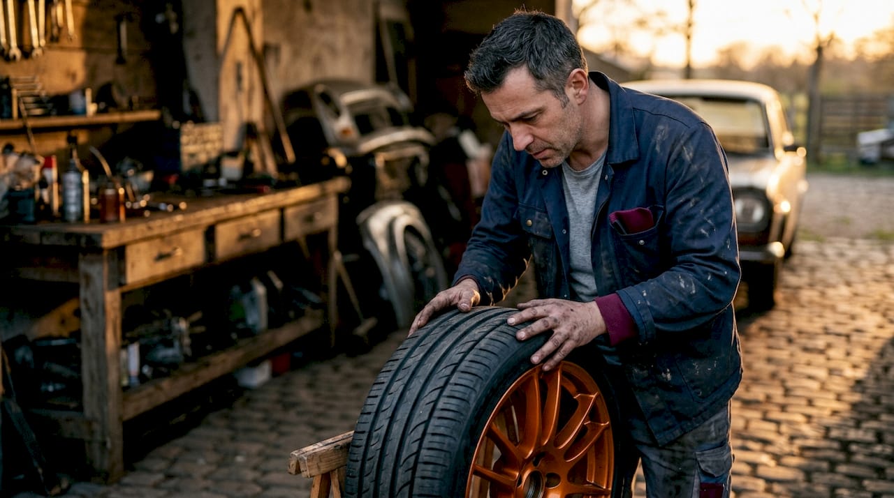 Mechanic inspecting performance tire on sports car