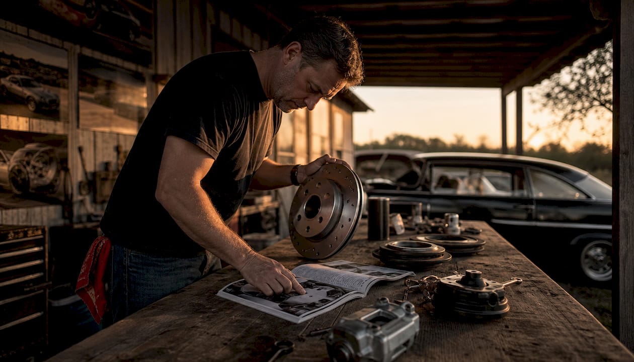 Man examining aftermarket car parts in garage