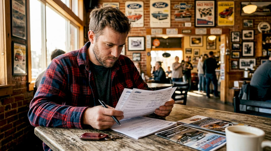 Man reviewing vehicle registration documents