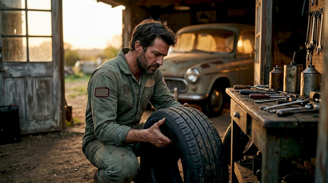 Car enthusiast inspecting a bolt-on upgrade tire