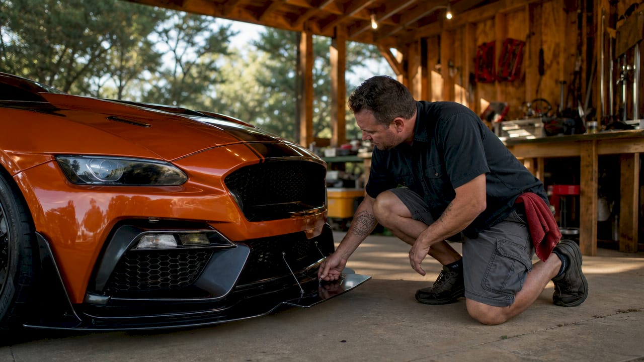 Car enthusiast examining front splitter installation