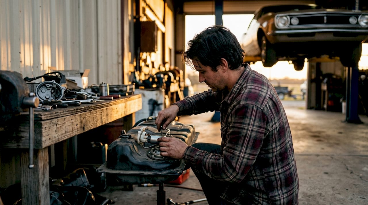 Mechanic upgrading car's fuel pump in workshop